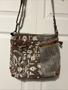 Myra Bag Brown and White Floral Crossbody with Faux Fur Panel